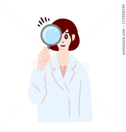 Illustration of a woman in a white coat holding a magnifying glass 115409194
