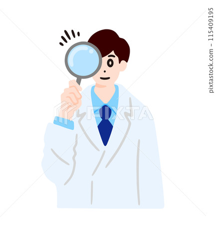 一個穿著白大褂拿著放大鏡的男人的插圖 一個穿著白大褂拿著放大鏡的男人的插圖 115409195