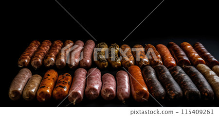Various meat sausages lie in a row, black background, isolate. AI generated. 115409261