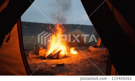 View from a tourist tent on a fire in the forest, active recreation. AI generated. 115409262