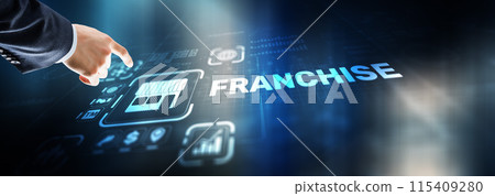 Businessman hand touching inscription Franchise marketing system Businessman hand touching inscription Franchise marketing system 115409280