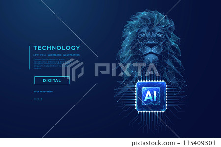 AI chip and polygonal head of lion. Artificial Intelligence concept. AI chip and polygonal head of lion. Artificial Intelligence concept. 115409301