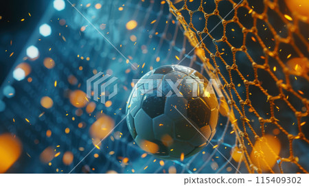 The ball hits goal net during soccer game at night, scene at football stadium on world cup. Concept of background, sport 115409302