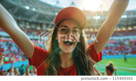 Female fan, happy adult girl at stadium, portrait of young woman in red during sport game. Concept of soccer, people, celebrate football. Female fan, happy adult girl at stadium, portrait of young woman in red during sport game. Concept of soccer, people, celebrate football. 115409303