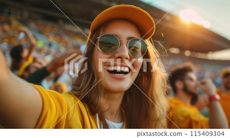 Female fan, adult girl at stadium, portrait of happy young woman in yellow during sport game. Concept of soccer, people, celebrate football. 115409304