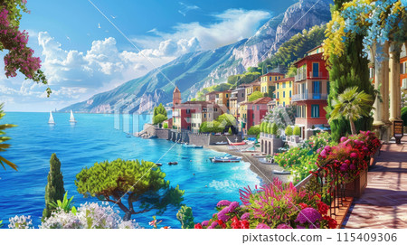 Old seaside city in Italy, beautiful view of sea, sky and mountain from flower balcony. Concept of Italian vacation, beach, summer and travel. 115409306