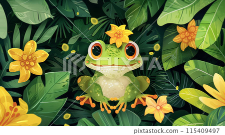 A cartoon frog sitting in a jungle surrounded by leaves and flowers, AI 115409497
