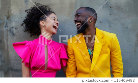 A man and woman laughing together in a yellow suit, AI A man and woman laughing together in a yellow suit, AI 115409498