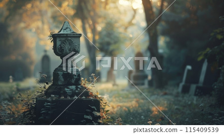 A cemetery with a stone monument in the middle of it, AI 115409539