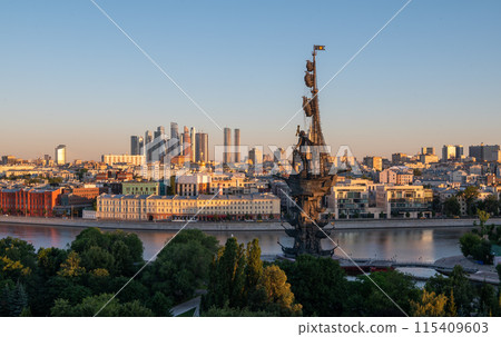 View of the monument to Peter the Great by Zurab Tsereteli in the center of the Russian capital on a summer morning View of the monument to Peter the Great by Zurab Tsereteli in the center of the Russian capital on a summer morning 115409603