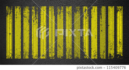 Yellow grunge tire tracks, wheel braking marks. Truck, car or motorcycle tread pattern silhouettes. Auto race, motorsport, speed racing design element. Asphalt texture. Vector illustration 115409776