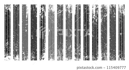 Grunge tire tracks, wheel braking marks. Truck, car or motorcycle tread pattern silhouettes. Auto race, motorsport, speed racing design element. Vector illustration 115409777