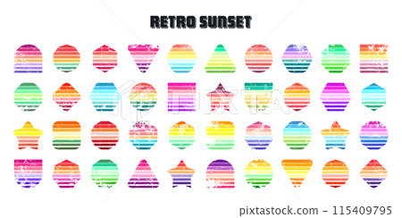 Grunge vintage sunset collection. Various colorful striped sunrise badges in 80s and 90s style. Sun and ocean view, summer vibes, surfing. Design element, print, logo or t-shirt. Vector illustration 115409795