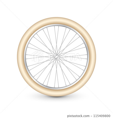 Realistic 3d retro bicycle wheel. Bike rubber tire, shiny metal spokes and rim. Fitness cycle, touring, sport, road and mountain bike. Vector illustration 115409800