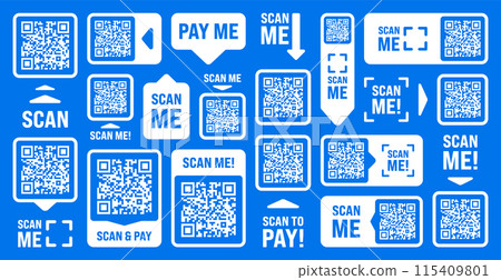 Scan me QR code sticker with text. Online payment. Special offer sale stickers, shopping discount label, promotional badge. Product serial number. Supermarket retail price tag. Vector illustration 115409801