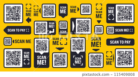 Scan me QR code sticker with text. Online payment. Special offer sale stickers, shopping discount label, promotional badge. Product serial number. Supermarket retail price tag. Vector illustration Scan me QR code sticker with text. Online payment. Special offer sale stickers, shopping discount label, promotional badge. Product serial number. Supermarket retail price tag. Vector illustration 115409808