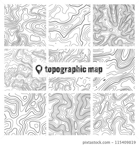 Topographic map with contour lines. Geographic terrain grid, relief height elevation. Ground path pattern. Travel and navigation, cartography design element. Vector illustration Topographic map with contour lines. Geographic terrain grid, relief height elevation. Ground path pattern. Travel and navigation, cartography design element. Vector illustration 115409819