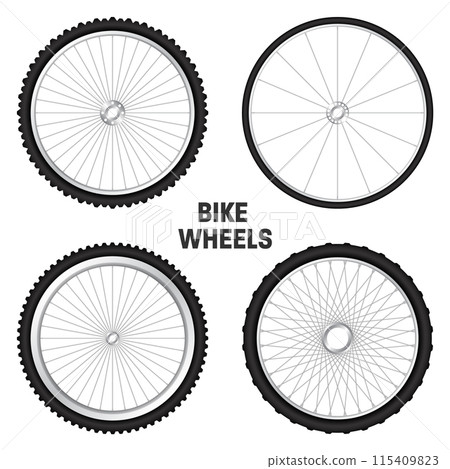 Realistic 3d bicycle wheels. Bike rubber tyres, shiny metal spokes and rims. Fitness cycle, touring, sport, road and mountain bike. Vector illustration 115409823
