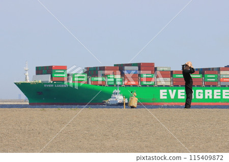 停泊在貨櫃碼頭的大型貨船 115409872