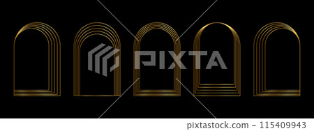 Set of gold concentric arch frames isolated on dark background. Golden arc shapes in trendy bohemian style. Shining window, door or portal silhouettes in archway form. Vector illustration Set of gold concentric arch frames isolated on dark background. Golden arc shapes in trendy bohemian style. Shining window, door or portal silhouettes in archway form. Vector illustration 115409943