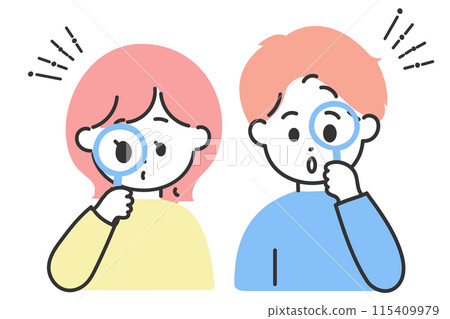 Illustration of cute men and women holding magnifying glasses Illustration of cute men and women holding magnifying glasses 115409979