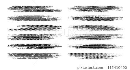 Grunge tire tracks, wheel braking marks. Truck, car or motorcycle tread pattern silhouettes. Auto race, motorsport, speed racing design element. Vector illustration Grunge tire tracks, wheel braking marks. Truck, car or motorcycle tread pattern silhouettes. Auto race, motorsport, speed racing design element. Vector illustration 115410490
