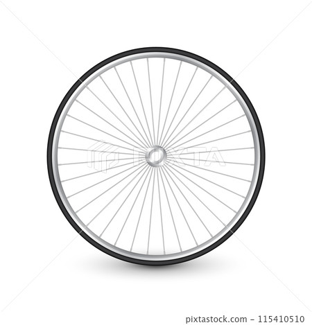 Realistic 3d bicycle wheel. Bike rubber tire, shiny metal spokes and rim. Fitness cycle, touring, sport, road and mountain bike. Vector illustration 115410510
