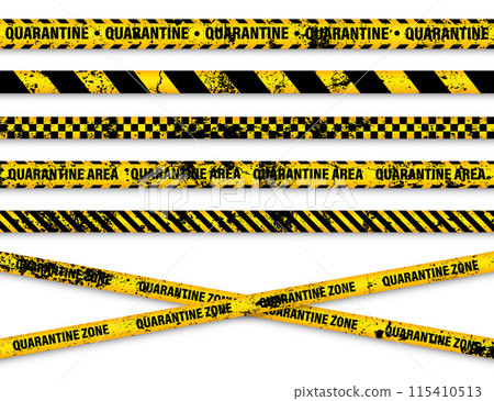 Old grunge quarantine zone warning tape. Novel coronavirus outbreak. Global lockdown. Yellow coronavirus danger stripe. Police caution line, restricted area. Construction tape. Vector illustration 115410513