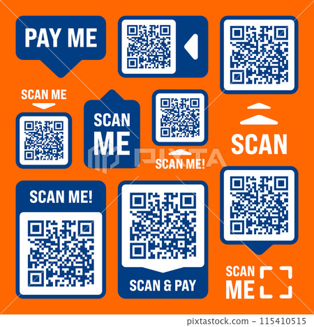 Scan me QR code sticker with text. Online payment. Special offer sale stickers, shopping discount label, promotional badge. Product serial number. Supermarket retail price tag. Vector illustration Scan me QR code sticker with text. Online payment. Special offer sale stickers, shopping discount label, promotional badge. Product serial number. Supermarket retail price tag. Vector illustration 115410515