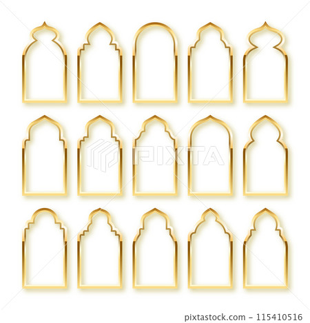 Islamic frames, oriental style. Golden arabic shapes, windows and arches. Traditional ornamental banner, frame. Muslim holidays, Ramadan Kareem. Modern eastern architecture. Vector illustration 115410516