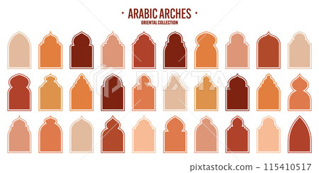 Islamic frames, oriental style objects. Arabic shapes, windows and arches. Traditional ornamental banner, frame. Muslim holidays, Ramadan Kareem. Modern eastern architecture. Vector illustration 115410517
