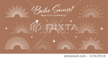 Vintage sunburst, sunset beams, half circle sunrise. Boho style, modern minimalist bohemian design. Hand drawn bursting sun, light rays. Lettering design element in retro style. Vector illustration Vintage sunburst, sunset beams, half circle sunrise. Boho style, modern minimalist bohemian design. Hand drawn bursting sun, light rays. Lettering design element in retro style. Vector illustration 115410519
