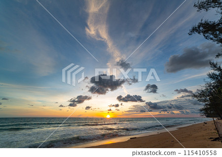 Aerial view scenery sunset at Mai Khao beach Phuket Thailand. Aerial view scenery sunset at Mai Khao beach Phuket Thailand. 115410558