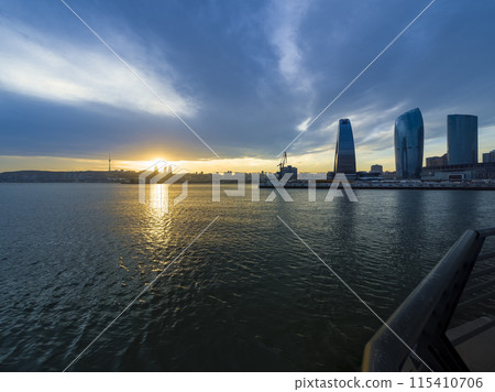 Evening view from the bayside of Baku, Azerbaijan 115410706