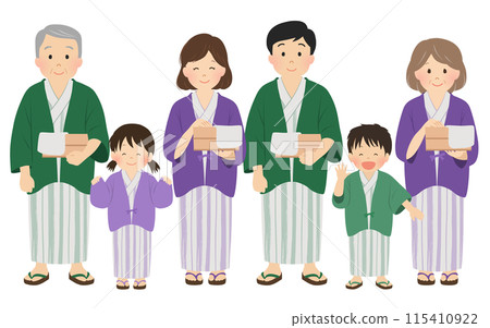 溫泉之旅_3代家庭穿著浴衣_向量插畫 115410922