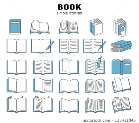 Book icon simple line drawing vector illustration material set cute reading stationery notebook blue Book icon simple line drawing vector illustration material set cute reading stationery notebook blue 115411046