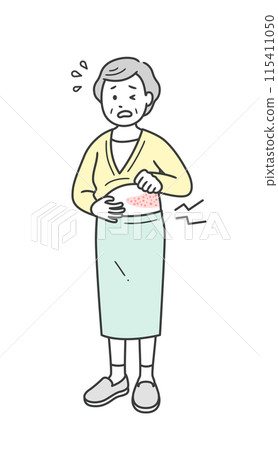 一位老年婦女因帶狀皰疹而痛苦地做鬼臉的全身插圖 115411050