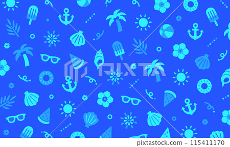 一個簡單的背景佈滿了夏季圖像圖示。夏天想用的清涼藍色背景素材。 115411170