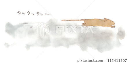 Watercolor illustration of a small brown field mouse (rattus rattus) running down an alley 115411307
