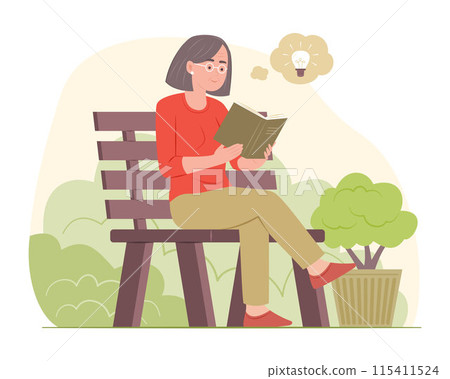 Senior Woman Reading a Book while Sitting on Bench in Garden Senior Woman Reading a Book while Sitting on Bench in Garden 115411524
