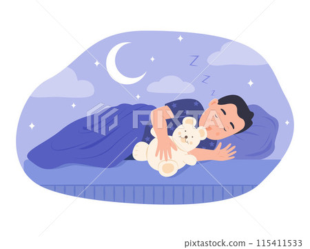 Cute Kid Boy Hugging Teddy Bear and Sleeping in Bed at Night 115411533