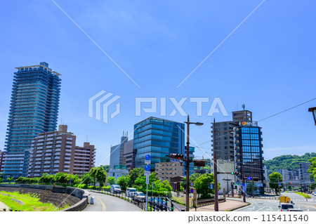 Scenery around Kumamoto Station on a beautiful, clear blue sky (East Exit Station, Transportation) [Scenery around the Shirakawa River] 115411540