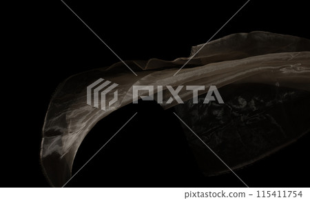 Yellow gold organza fabric flying in curve shape, Piece of textile Yellow gold organza fabric throw fall in air. Black background isolated, dark shading environment 115411754
