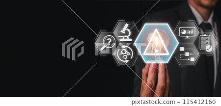 Incident management concept, Businessman hand holding lightbulb with incident, analysis, restore, report, identify and investigation icon on virtual screen. 115412160