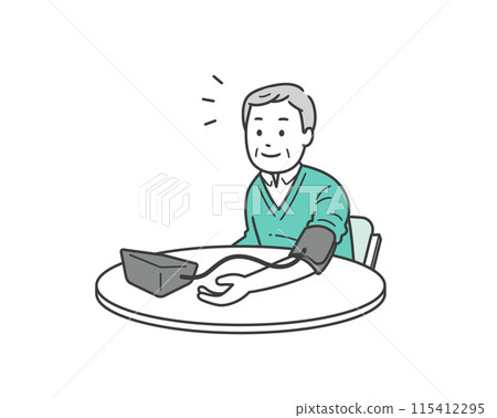 一位微笑的老人用血壓計測量自己的血壓的上半身插圖 一位微笑的老人用血壓計測量自己的血壓的上半身插圖 115412295