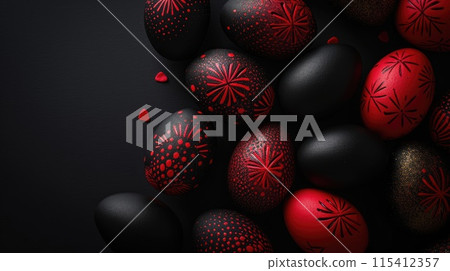 Red and black Easter Eggs on dark Background. Happy Easter eggs 115412357