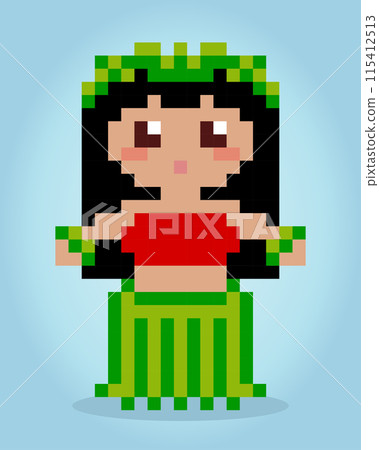 8 bit pixels of hula dancer. Hawaii tradition for game assets and cross stitch patterns in vector illustrations. 115412513