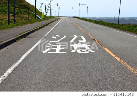 Roads where you need to be careful of wild animals (deer) jumping out Roads where you need to be careful of wild animals (deer) jumping out 115413148
