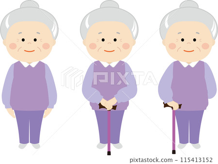 Illustration set of a senior woman with a cane 115413152