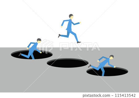 Illustration of a businessman jumping to avoid a pitfall Illustration of a businessman jumping to avoid a pitfall 115413542